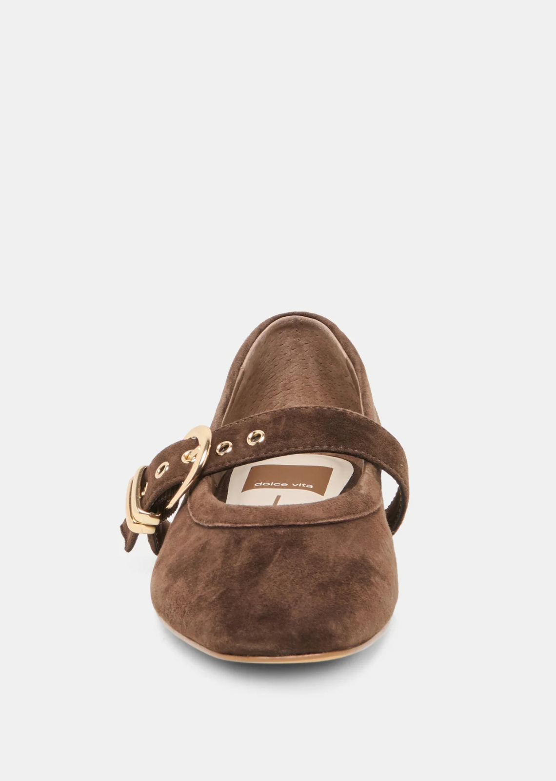 Perforated suede Mary Jane ballet flats featuring a sleek silhouette, gold metal buckle strap, and low 0.2-inch heel.