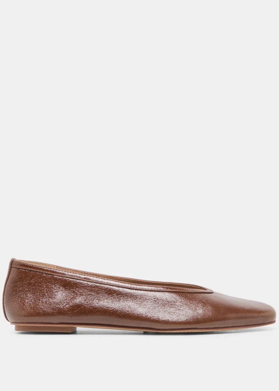 Russet leather ballet flats with a sleek almond-shaped toe, subtle piping detail, and minimalist low-profile 0.2-inch heel.