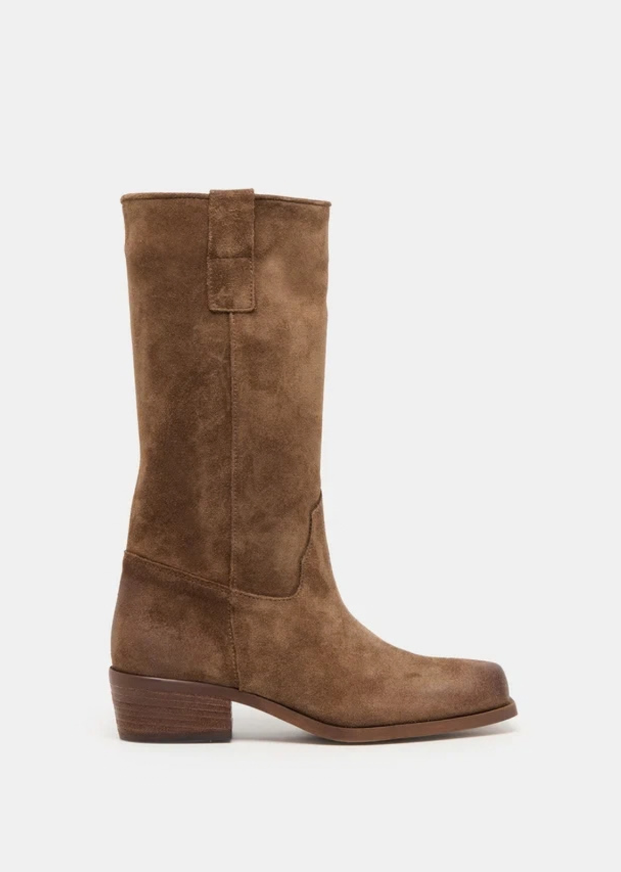 Chocolate brown suede mid-calf boots with a slightly slouchy silhouette, square toe, western-inspired detailing, and 1.8-inch stacked heel.