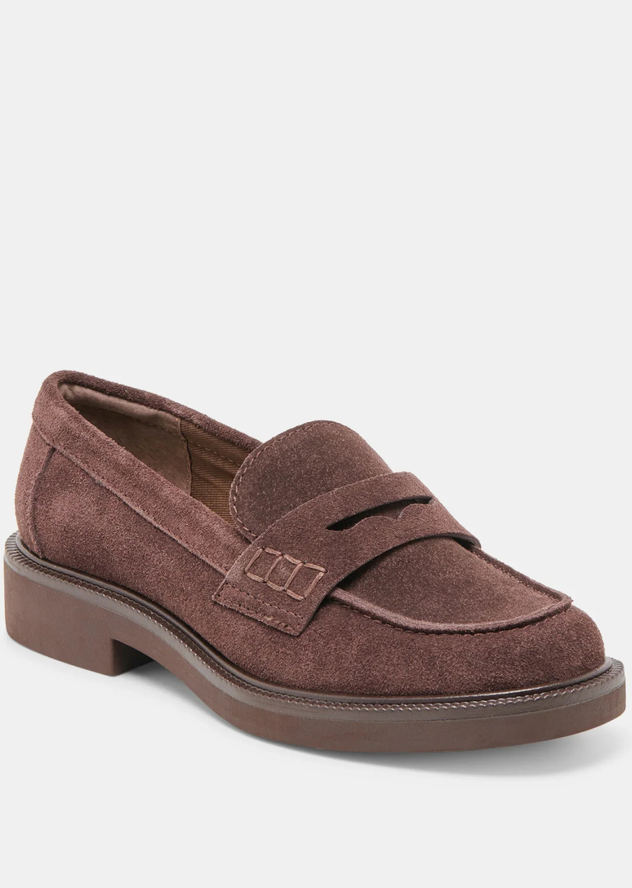 Mahogany suede chunky-soled loafers with a classic silhouette, textile lining, and 1.2-inch heel, designed for casual or professional styling.
