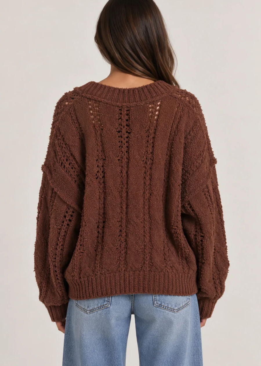 Hayden V-Neck Knit Sweater featuring an intricate open-work pointelle knit, slub texture, and dropped shoulders for a relaxed silhouette, this pullover adds tactile warmth and dimension to any cool-weather outfit. The flattering V-neckline and deep ribbed trim along the collar and cuffs give it an easy, polished look.