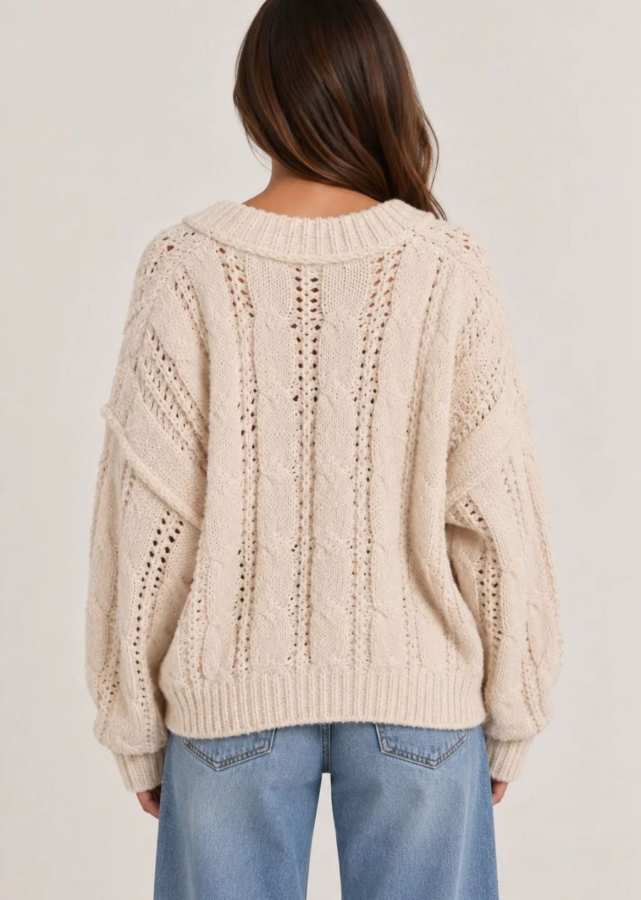 Hayden V-Neck Knit Sweater featuring an intricate open-work pointelle knit, slub texture, and dropped shoulders for a relaxed silhouette, this pullover adds tactile warmth and dimension to any cool-weather outfit. The flattering V-neckline and deep ribbed trim along the collar and cuffs give it an easy, polished look.
