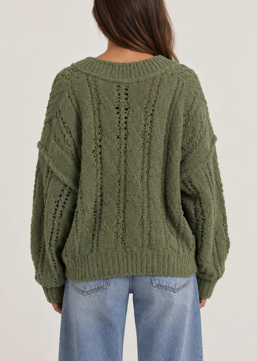 Hayden V-Neck Knit Sweater featuring an intricate open-work pointelle knit, slub texture, and dropped shoulders for a relaxed silhouette, this pullover adds tactile warmth and dimension to any cool-weather outfit. The flattering V-neckline and deep ribbed trim along the collar and cuffs give it an easy, polished look.