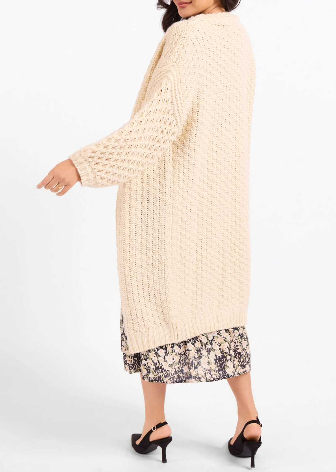 Ivory chunky waffle-knit long cardigan featuring an oversized fit, open front, dropped shoulders, full sleeves, and ribbed trim.