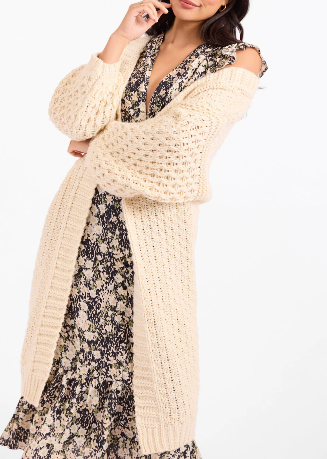 Ivory chunky waffle-knit long cardigan featuring an oversized fit, open front, dropped shoulders, full sleeves, and ribbed trim.