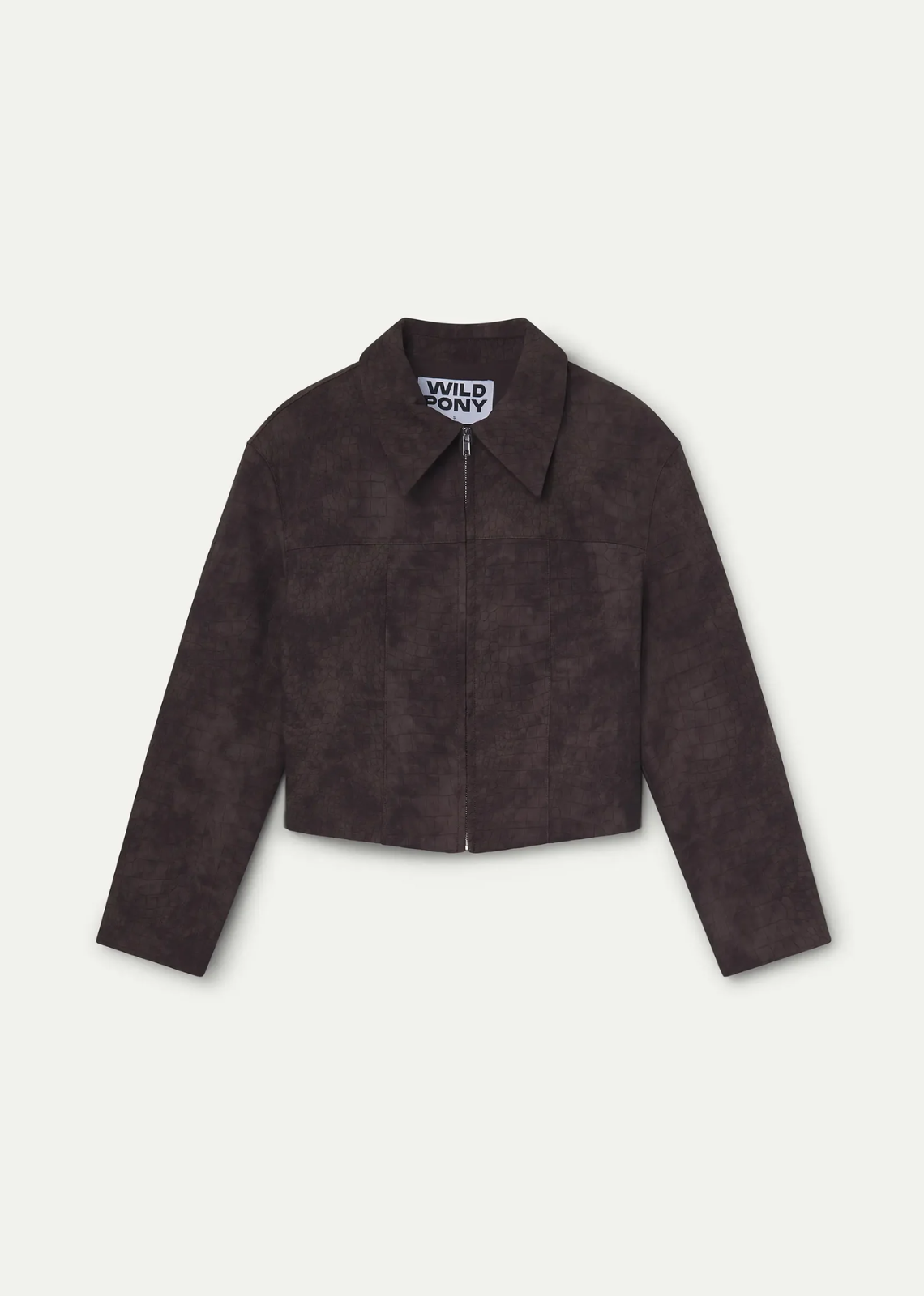 Brown faux leather jacket with a lapel collar, long sleeves, slightly dropped shoulders, front zip closure, and inner lining.