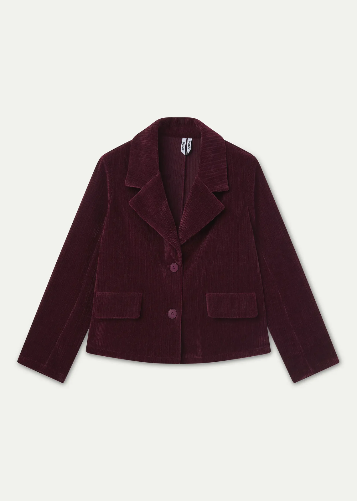 Burgundy velvet blazer with a lapel collar, long sleeves, front button closure, front pockets, and inner lining.