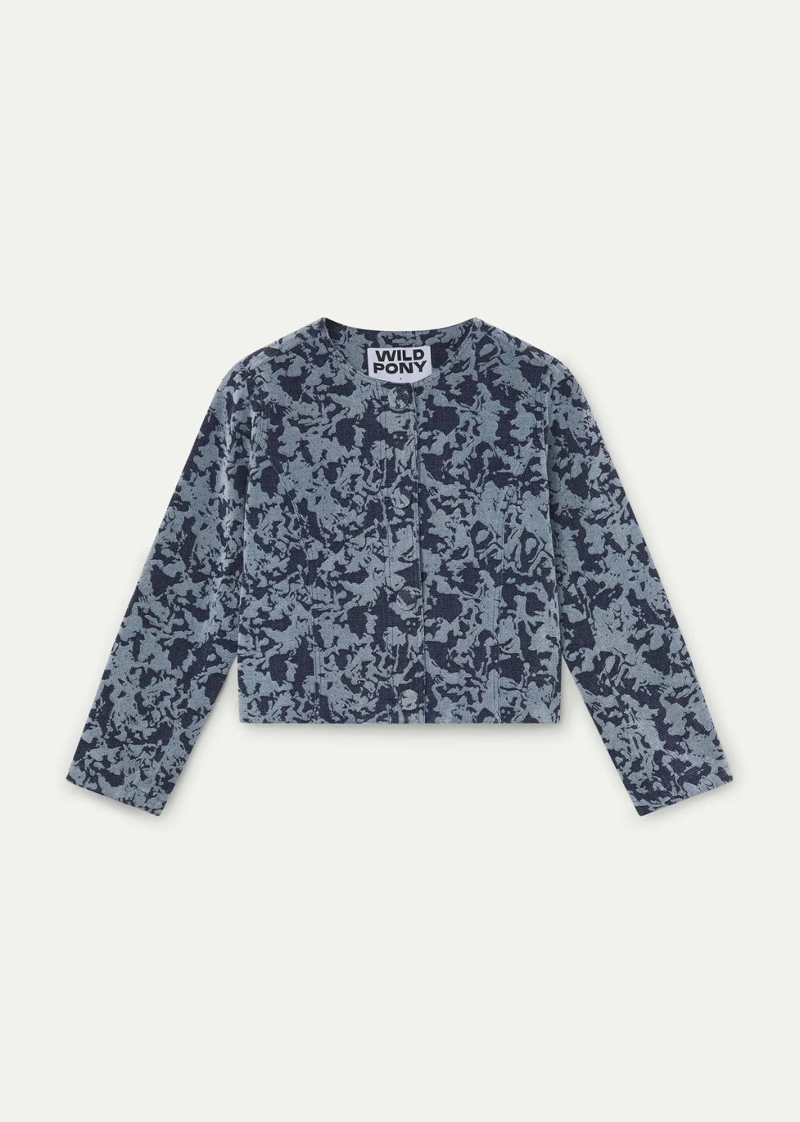Navy blue jacquard knit jacket with a round neckline, long sleeves, front button closure, and lined interior.