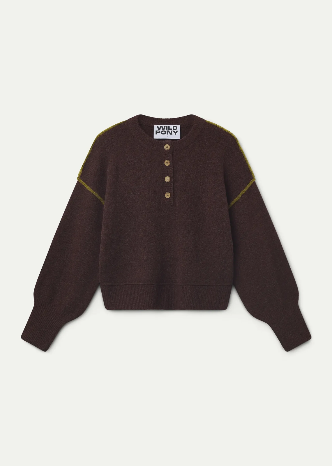 Brown wool-blend knit sweater with a round neckline, long sleeves, slightly dropped shoulders, two-tone front buttons, green details, and ribbed trims.