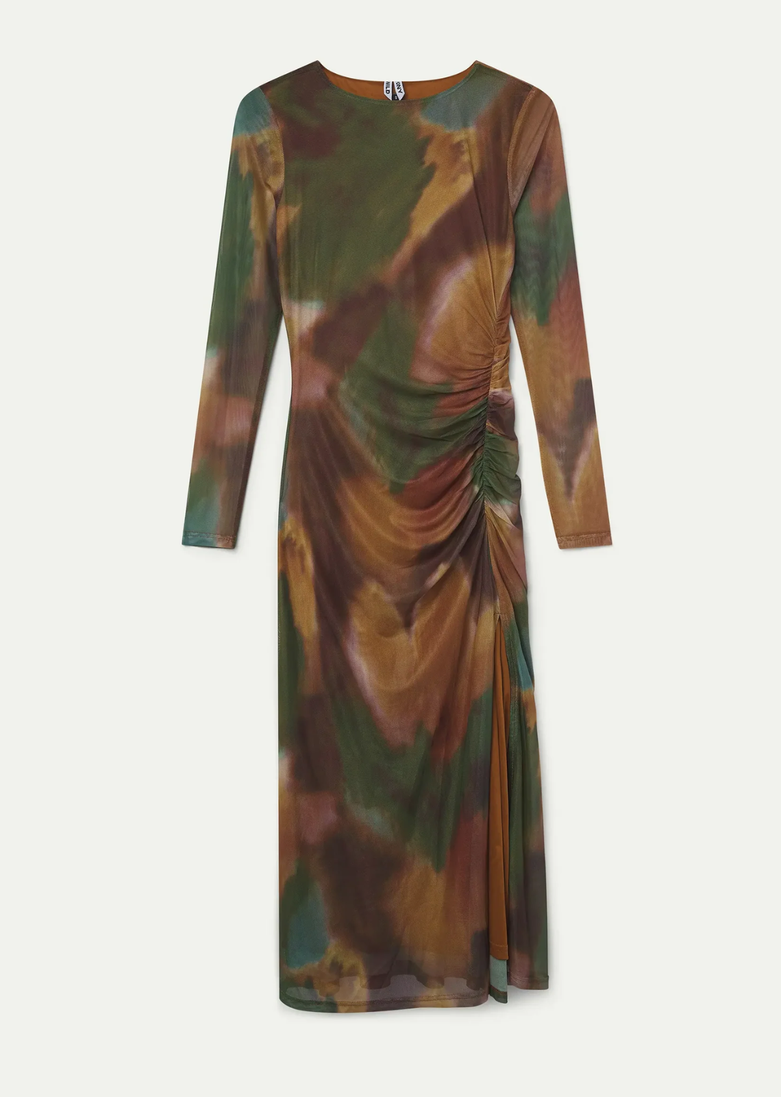 Maple print mesh maxi dress with a round neckline, long sleeves, adjustable elastic waistband, side slit, and inner lining.