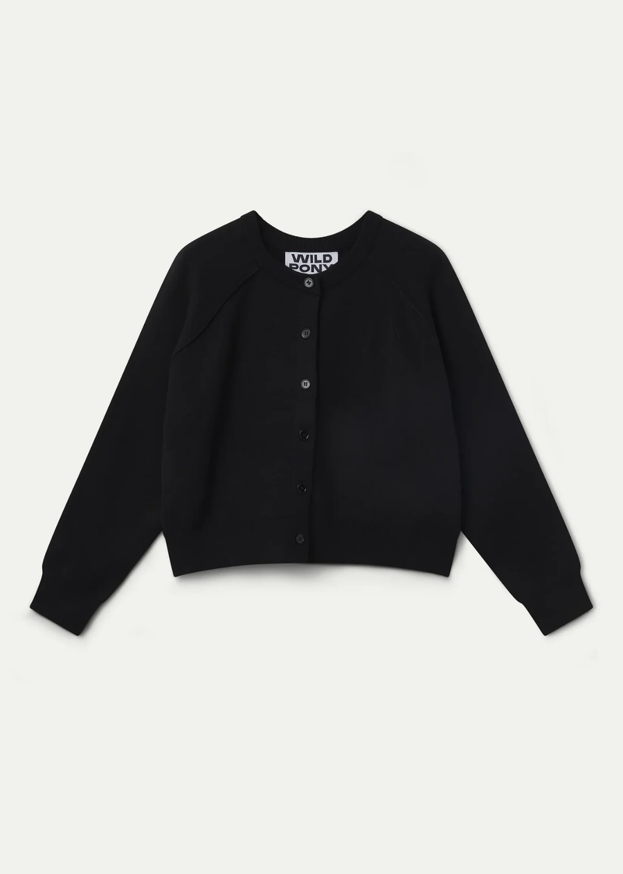 Black knit cardigan with a round neckline, long sleeves, dropped shoulders, front button closure, and ribbed trims.
