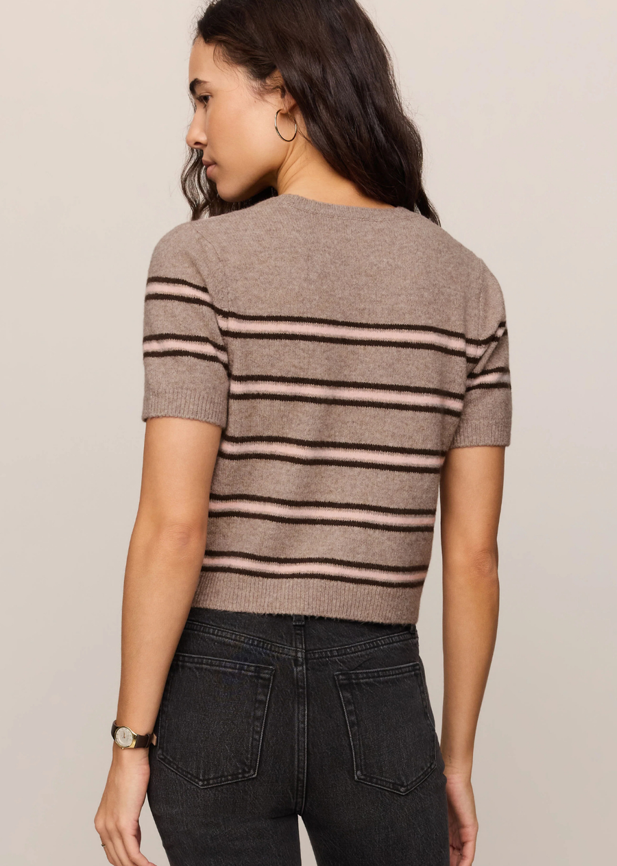 Striped lightweight sweater tee featuring a crew neckline, short sleeves, and soft cotton-blend knit with stretch.