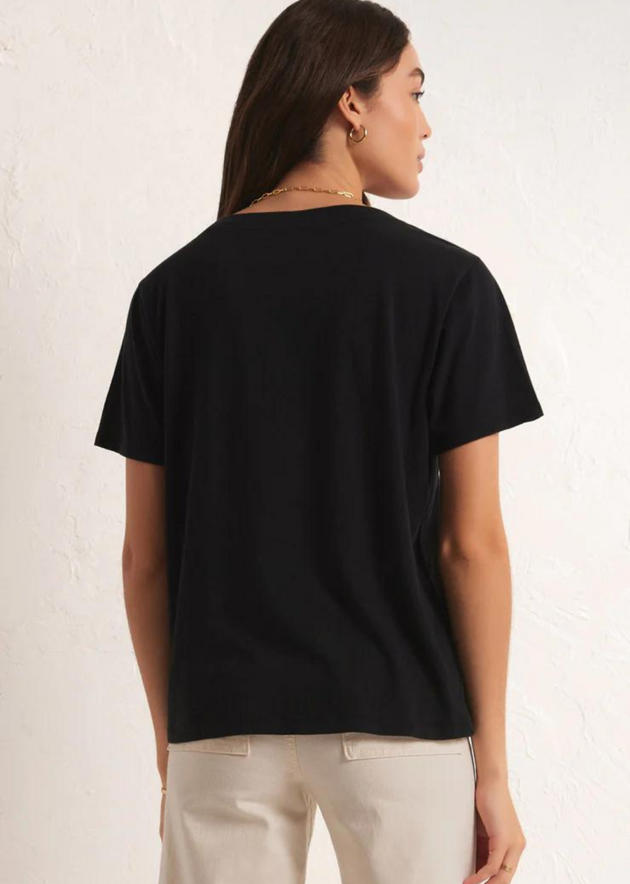 Z Supply Girlfriend Tee- Black The Girlfriend V-Neck Tee will be love at first wear. Soft and comfortable, this relaxed tee looks just as good with denim as it does tucked into a pair of chic pants.