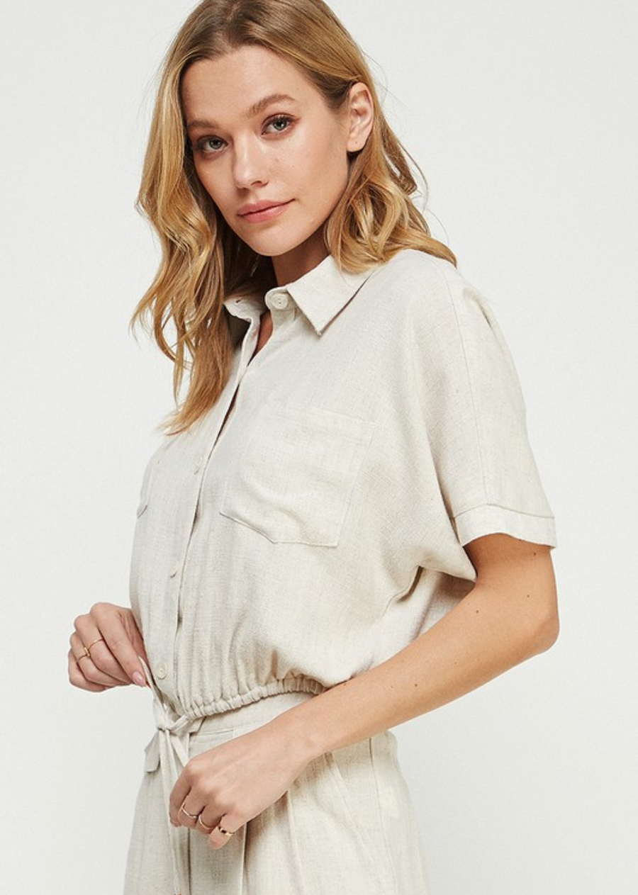 Allie Rose Linen Blend Drawstring Button Front Shirt