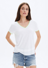 CHRLDR Neon Ava V-Neck Mock Layer T-Shirt. This mock layer t-shirt from CHRLDR is casual comfort at its best. Features a neon v-neckline, short sleeves and faux layer hem.