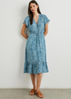 Rails Kiki Dress-Blue Havana. The Kiki Dress comes in a blue and white playful print. The midi dress has a v-neckline, drawstring waist, and ruffles at the hem. Plus, it's crafted in our best-selling luxe linen fabric that's super soft and lightweight. Great for work or weekend, it looks pretty and polished no matter where you wear it.