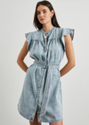 Rails Letta Dress. Dress to impress in this denim mini, made from ultra-soft Tencel™ and complete with a high neckline, belted waist, and feminine flutter sleeves.