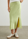 Rails Maya Skirt- Pistachio. The Maya Skirt is perfectly proportioned with a slip silhouette and midi length that feels both comfortable and chic. Taking a minimalist approach, the front-facing side slit and pistachio color both make a subtle statement. Best of all, it’s done in a smooth, satin back crepe that looks as luxe as it feels.