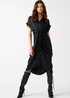 Steve Madden Tori Dress- Black. The TORI dress features tailored details like a collared neck and rolled sleeves, finished with a gathered front for a high-low hem effect.