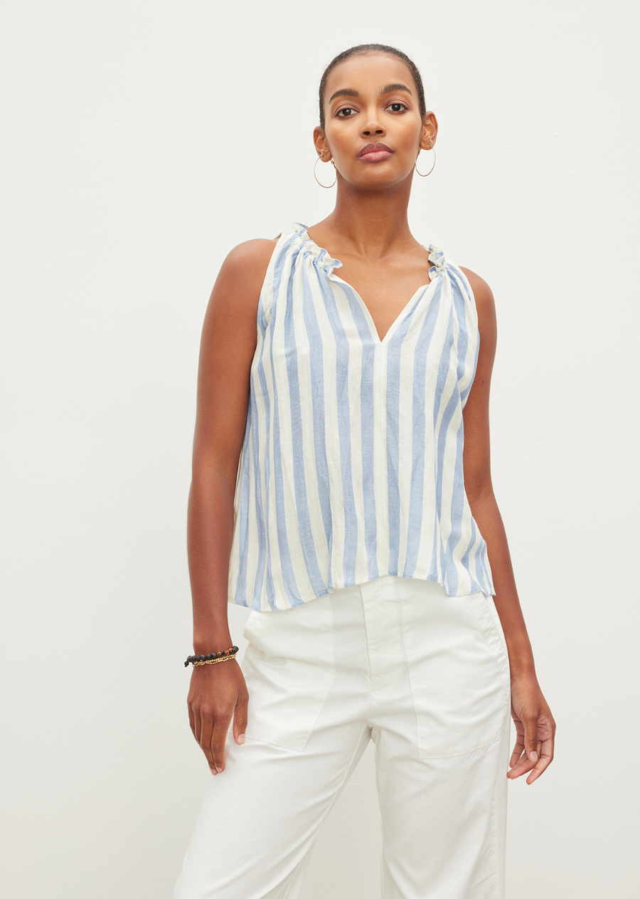 Velvet Erica Linen Top.Say hello to the Erica Linen Top, the piece you'll never want to take off during the Spring and Summer! This top features vertical blue stripes, a v neckline, and a stunning ruffled collar!