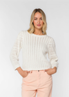 Velvet Heart Gazelle Sweater. This lighter weight cotton knit Gazelle Sweater has puffed sleeves, crochet, and scalloped details. Perfect to dress up or down.