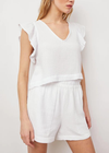 Rails Miley Top A soft cotton double gauze, short sleeve, white v-neck top featuring a straight fit, feminine cap sleeves with flutter detail, and slightly cropped length.
